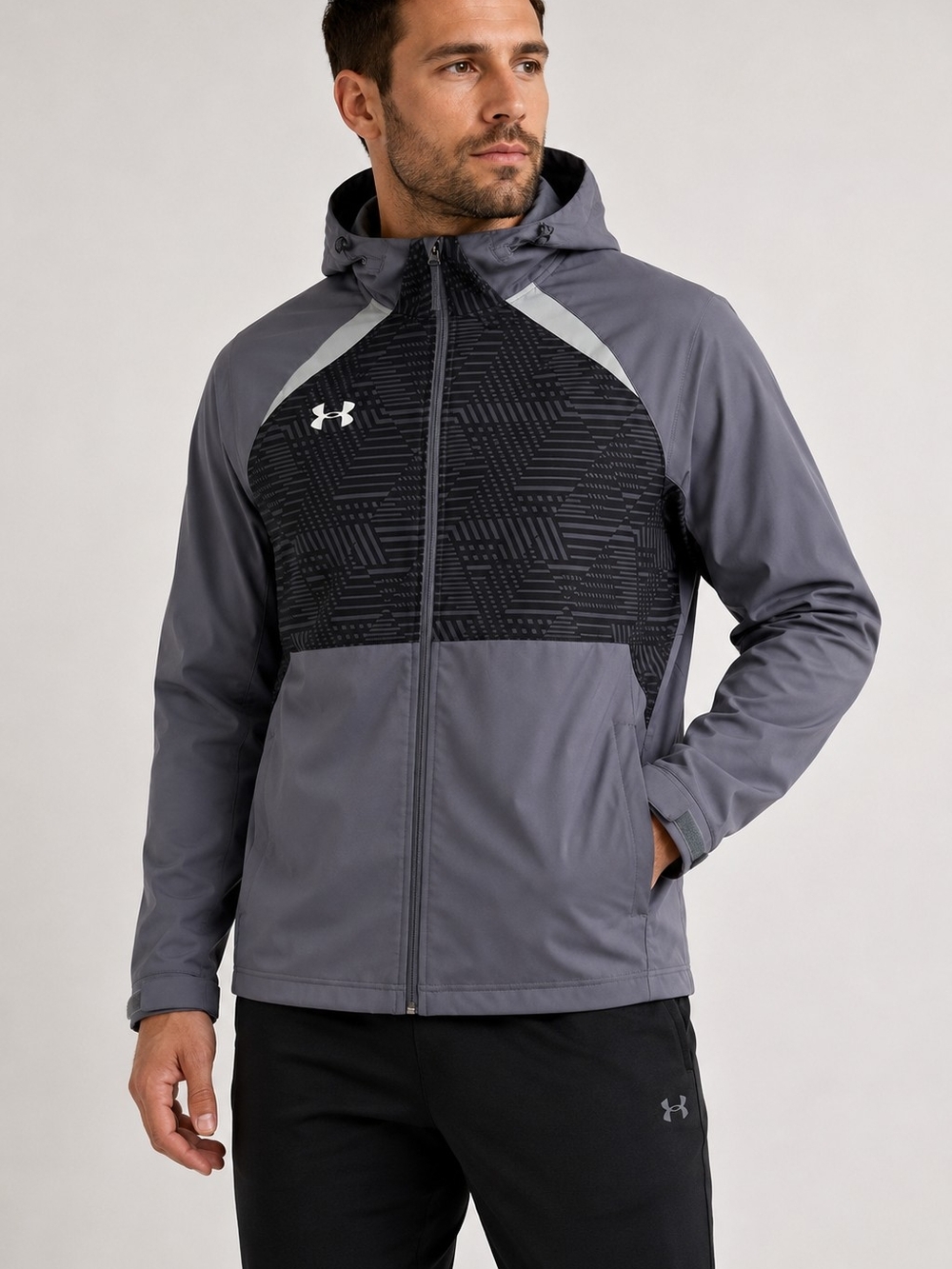 Under Armour Men’s XL Gray Black Storm Hooded Full-Zip Jacket Geometric Print